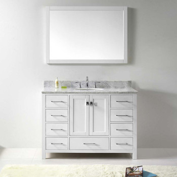 Virtu USA GS-50048-WMRO-WH-002 Caroline Avenue 48" Single Bath Vanity in White with Marble Top and Round Sink with Polished Chrome Faucet and Mirror