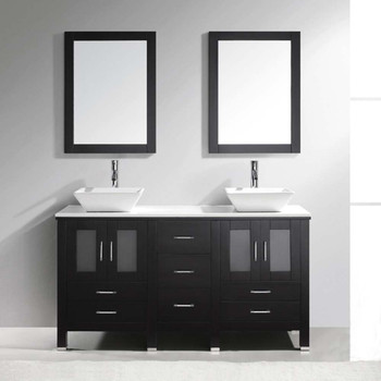 Virtu USA MD-4305-S-ES Bradford 60" Double Bath Vanity in Espresso with White Engineered Stone Top and Square Sink with Polished Chrome Faucet and Mirrors