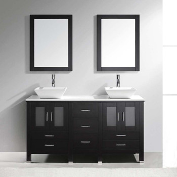 Virtu USA MD-4305-S-ES-001 Bradford 60" Double Bath Vanity in Espresso with White Engineered Stone Top and Square Sink with Brushed Nickel Faucet and Mirrors