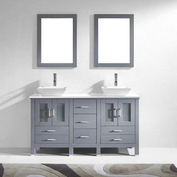 Virtu USA MD-4305-S-GR Bradford 60" Double Bath Vanity in Grey with White Engineered Stone Top and Square Sink with Polished Chrome Faucet and Mirrors