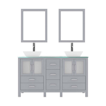 Virtu USA MD-4305-G-GR-001 Bradford 60" Double Bath Vanity in Grey with Aqua Tempered Glass Top and Square Sink with Brushed Nickel Faucet and Mirrors