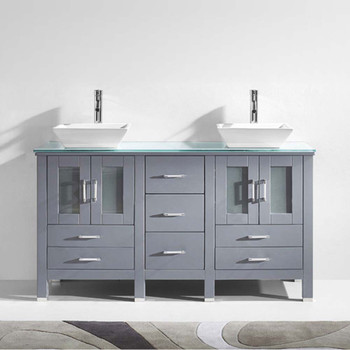 Virtu USA MD-4305-G-GR-NM Bradford 60" Double Bath Vanity in Grey with Aqua Tempered Glass Top and Square Sink with Polished Chrome Faucet