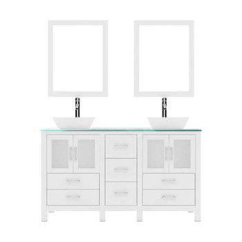 Virtu USA MD-4305-G-WH Bradford 60" Double Bath Vanity in White with Aqua Tempered Glass Top and Square Sink with Polished Chrome Faucet and Mirrors