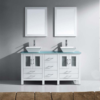 Virtu USA MD-4305-G-WH Bradford 60" Double Bath Vanity in White with Aqua Tempered Glass Top and Square Sink with Polished Chrome Faucet and Mirrors