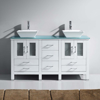 Virtu USA MD-4305-G-WH-NM Bradford 60" Double Bath Vanity in White with Aqua Tempered Glass Top and Square Sink with Polished Chrome Faucet