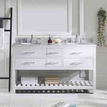 Virtu USA MD-2260-WMRO-WH-NM Caroline Estate 60" Double Bath Vanity in White with Marble Top and Round Sink