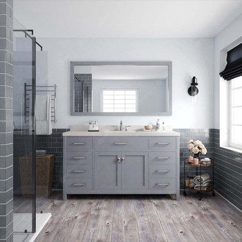 Virtu USA MS-2060-DWQRO-GR Caroline 60" Single Bath Vanity in Grey with Dazzle White Top and Round Sink with Mirror
