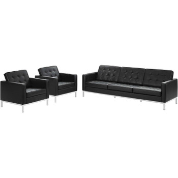 Modway Loft 3 Piece Leather Sofa and Armchair Set EEI-3102-BLK-SET Black