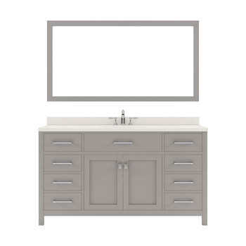 Virtu USA MS-2060-DWQRO-CG-002 Caroline 60" Single Bath Vanity in Cashmere Grey with Dazzle White Top and Round Sink with Polished Chrome Faucet and Mirror