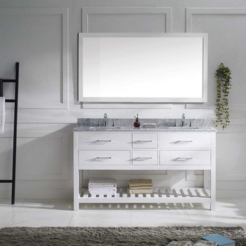 Virtu USA MD-2260-WMSQ-WH-012 Caroline Estate 60" Double Bath Vanity in White with Marble Top and Square Sink with Polished Chrome Faucet and Mirror