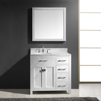 Virtu USA MS-2136R-WMRO-WH-002 Caroline Parkway 36" Single Bath Vanity in White with Marble Top and Round Sink with Polished Chrome Faucet and Mirror
