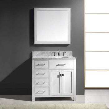 Virtu USA MS-2136L-WMRO-WH-001 Caroline Parkway 36" Single Bath Vanity in White with Marble Top and Round Sink with Brushed Nickel Faucet and Mirror