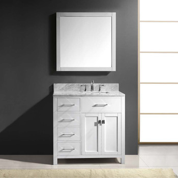 Virtu USA MS-2136L-WMSQ-WH-001 Caroline Parkway 36" Single Bath Vanity in White with Marble Top and Square Sink with Brushed Nickel Faucet and Mirror