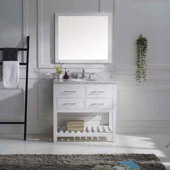 Virtu USA MS-2236-WMRO-WH-002 Caroline Estate 36" Single Bath Vanity in White with Marble Top and Round Sink with Polished Chrome Faucet and Mirror