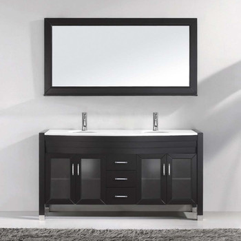 Virtu USA MD-499-S-ES Ava 63" Double Bath Vanity in Espresso with White Engineered Stone Top and Round Sink with Polished Chrome Faucet and Mirror
