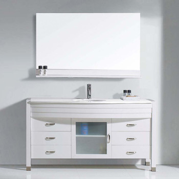 Virtu USA MS-5055-S-WH-001 Ava 55" Single Bath Vanity in White with White Engineered Stone Top and Round Sink with Brushed Nickel Faucet and Mirror