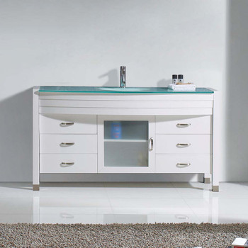 Virtu USA MS-5055-G-WH-NM Ava 55" Single Bath Vanity in White with Aqua Tempered Glass Top and Round Sink with Polished Chrome Faucet