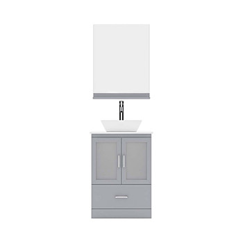 Virtu USA MS-6724-S-GR Zola 24" Single Bath Vanity in Grey with White Engineered Stone Top and Square Sink with Polished Chrome Faucet and Mirror
