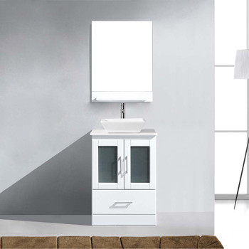 Virtu USA MS-6724-S-WH-001 Zola 24" Single Bath Vanity in White with White Engineered Stone Top and Square Sink with Brushed Nickel Faucet and Mirror