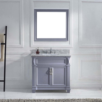Virtu USA MS-2636-WMSQ-GR-002 Victoria 36" Single Bath Vanity in Grey with Marble Top and Square Sink with Polished Chrome Faucet and Mirror