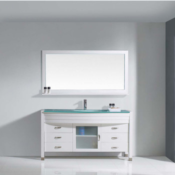 Virtu USA MS-5061-G-WH Ava 61" Single Bath Vanity in White with Aqua Tempered Glass Top and Round Sink with Polished Chrome Faucet and Mirror