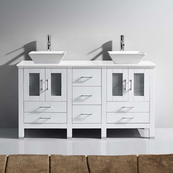 Virtu USA MD-4305-S-WH-NM Bradford 60" Double Bath Vanity in White with White Engineered Stone Top and Square Sink with Polished Chrome Faucet