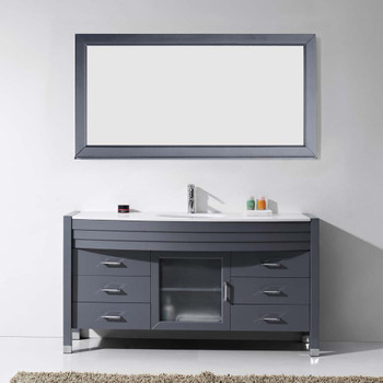 Virtu USA MS-5061-S-GR Ava 61" Single Bath Vanity in Grey with White Engineered Stone Top and Round Sink with Polished Chrome Faucet and Mirror