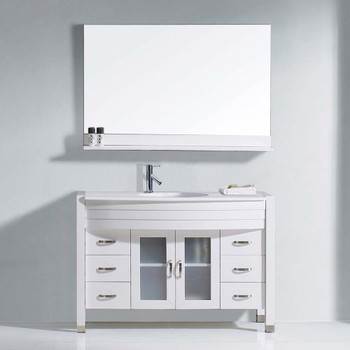 Virtu USA MS-509-S-WH-001 Ava 48" Single Bath Vanity in White with White Engineered Stone Top and Round Sink with Brushed Nickel Faucet and Mirror
