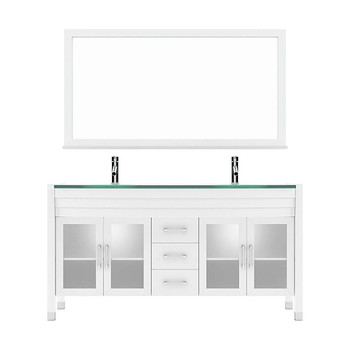 Virtu USA MD-499-G-WH Ava 63" Double Bath Vanity in White with Aqua Tempered Glass Top and Round Sink with Polished Chrome Faucet and Mirror