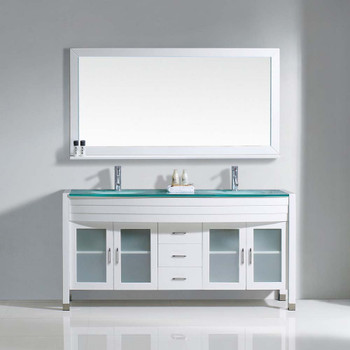 Virtu USA MD-499-G-WH-001 Ava 63" Double Bath Vanity in White with Aqua Tempered Glass Top and Round Sink with Brushed Nickel Faucet and Mirror