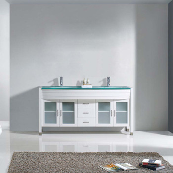 Virtu USA MD-499-G-WH-NM Ava 63" Double Bath Vanity in White with Aqua Tempered Glass Top and Round Sink with Polished Chrome Faucet