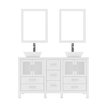 Virtu USA MD-4305-S-WH-001 Bradford 60" Double Bath Vanity in White with White Engineered Stone Top and Square Sink with Brushed Nickel Faucet and Mirrors