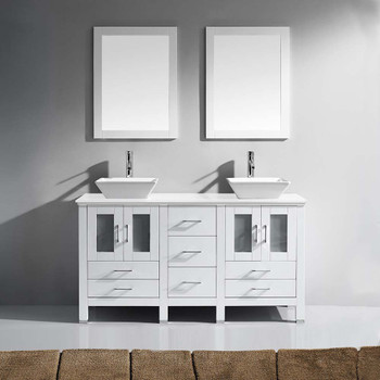 Virtu USA MD-4305-S-WH-001 Bradford 60" Double Bath Vanity in White with White Engineered Stone Top and Square Sink with Brushed Nickel Faucet and Mirrors