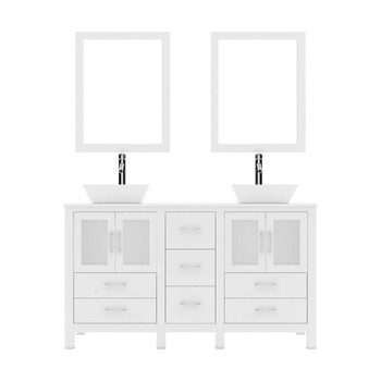 Virtu USA MD-4305-S-WH Bradford 60" Double Bath Vanity in White with White Engineered Stone Top and Square Sink with Polished Chrome Faucet and Mirrors