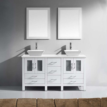 Virtu USA MD-4305-S-WH Bradford 60" Double Bath Vanity in White with White Engineered Stone Top and Square Sink with Polished Chrome Faucet and Mirrors