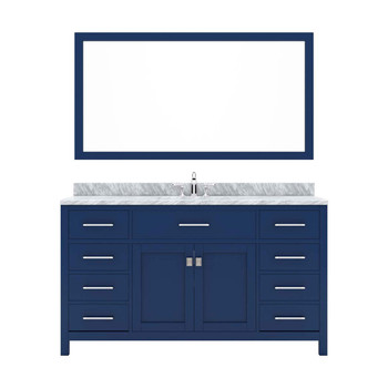 Virtu USA MS-2060-WMSQ-FB-002 Caroline 60" Single Bath Vanity in French Blue with White Marble Top and Square Sink with Mirror