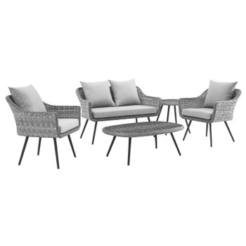 Modway Endeavor 5 Piece Outdoor Patio Wicker Rattan Loveseat Armchair Coffee Table and Side Table Set EEI-3178-GRY-GRY-SET Gray