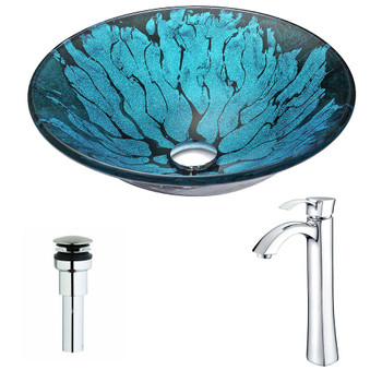 ANZZI Key Series Deco-Glass Vessel Sink In Lustrous Blue And Black with Harmony Faucet In Brushed Nickel - LSAZ046-095B