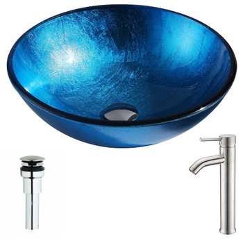 ANZZI Arc Series Deco-Glass Vessel Sink In Lustrous Light Blue with Fann Faucet In Brushed Nickel - LSAZ078-040