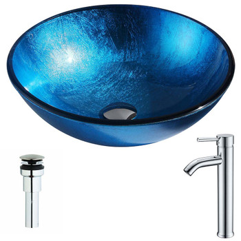 ANZZI Arc Series Deco-Glass Vessel Sink In Lustrous Light Blue with Fann Faucet In Chrome - LSAZ078-041