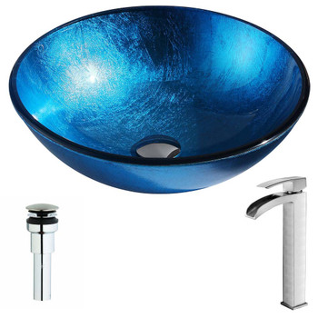 ANZZI Arc Series Deco-Glass Vessel Sink In Lustrous Light Blue with Key Faucet In Brushed Nickel - LSAZ078-097B