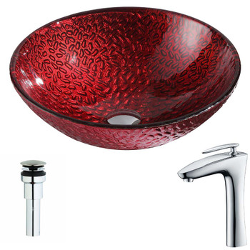 ANZZI Rhythm Series Deco-Glass Vessel Sink In Lustrous Red Finish with Crown Faucet In Chrome - LSAZ080-022