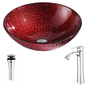 ANZZI Rhythm Series Deco-Glass Vessel Sink In Lustrous Red with Harmony Faucet In Chrome - LSAZ080-095