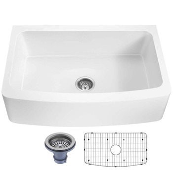 ANZZI Mesa Series Farmhouse Solid Surface 33" 0-Hole Single Bowl Kitchen Sink with 1 Strainer In Matte White - K-AZ272-A1