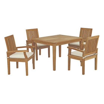 Modway Marina 5 Piece Outdoor Patio Teak Outdoor Dining Set EEI-3286-NAT-WHI-SET Natural White