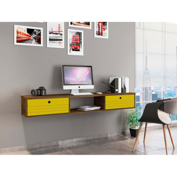 Manhattan Comfort 226BMC94 Liberty 62.99 Mid-Century Modern Floating Office Desk with 3 Shelves in Rustic Brown and Yellow