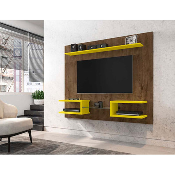 Manhattan Comfort 224BMC94 Plaza 64.25 Modern Floating Wall Entertainment Center with Display Shelves in Rustic Brown and Yellow