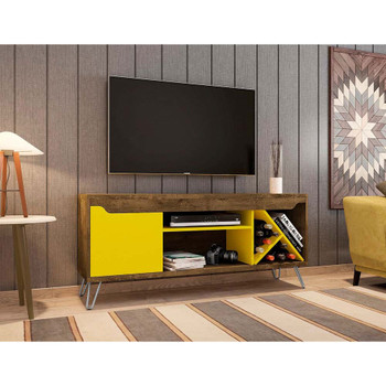 Manhattan Comfort 216BMC94 Baxter Mid-Century- Modern 53.54" TV Stand with Wine Rack in Rustic Brown and Yellow