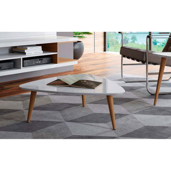 Manhattan Comfort 89252 Utopia 11.81" High Triangle Coffee Table with Splayed Legs in Off White and Maple Cream