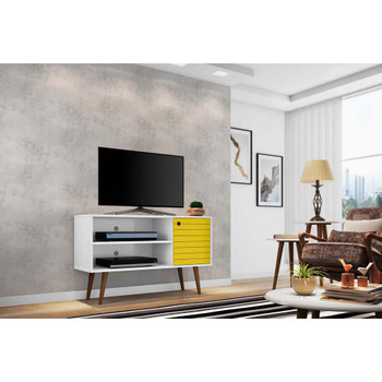 Manhattan Comfort 212BMC64 Liberty 42.52" Mid-Century - Modern TV Stand with 2 Shelves and 1 Door in White and Yellow
